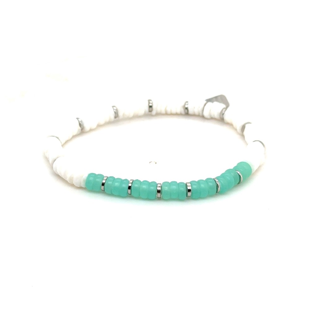 Pura Vida Beaded Stretch Bracelet White Seafoam Green Silver Tone Coastal Style